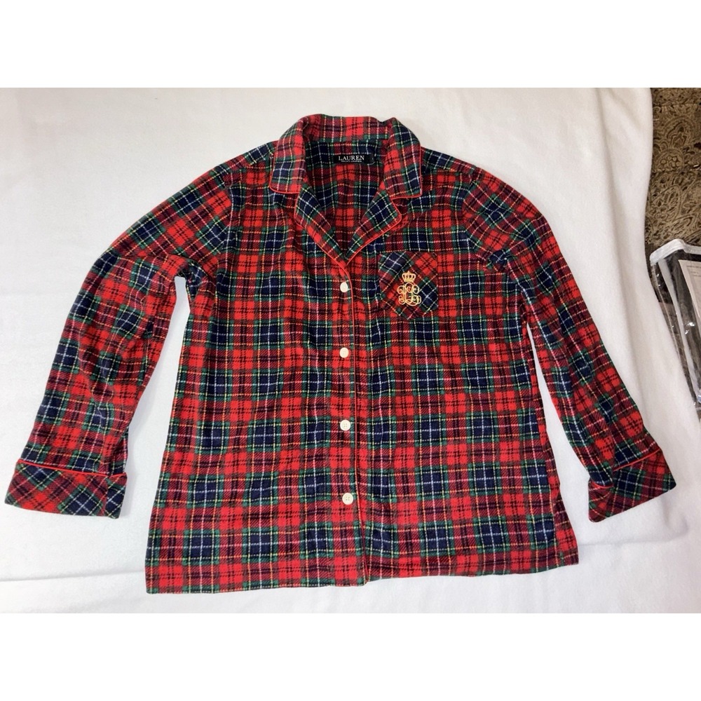 Lauren by Ralph Lauren Women's Red 2-PC Plaid Flannel Pajama Set Size L Crest